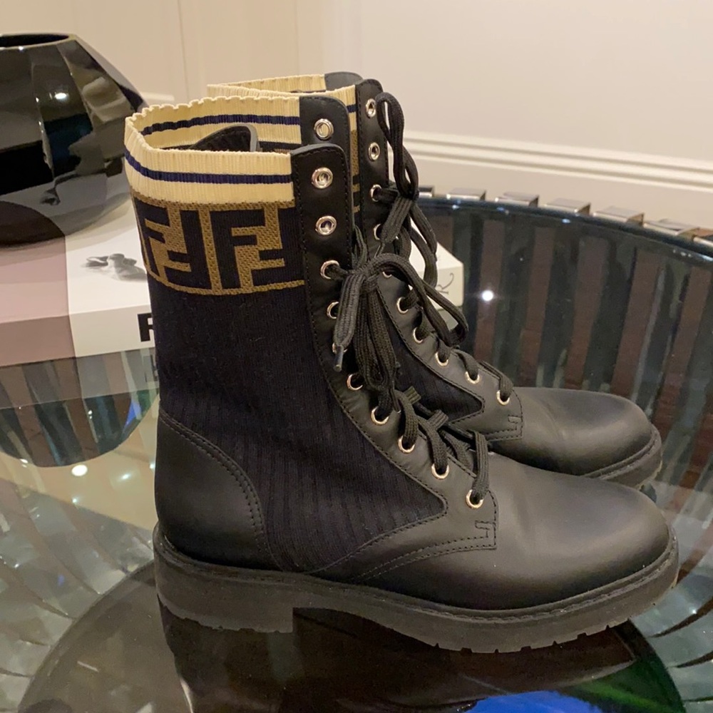 Fendi Black Leather & Knit Combat Boots with Beige Logo Cuff